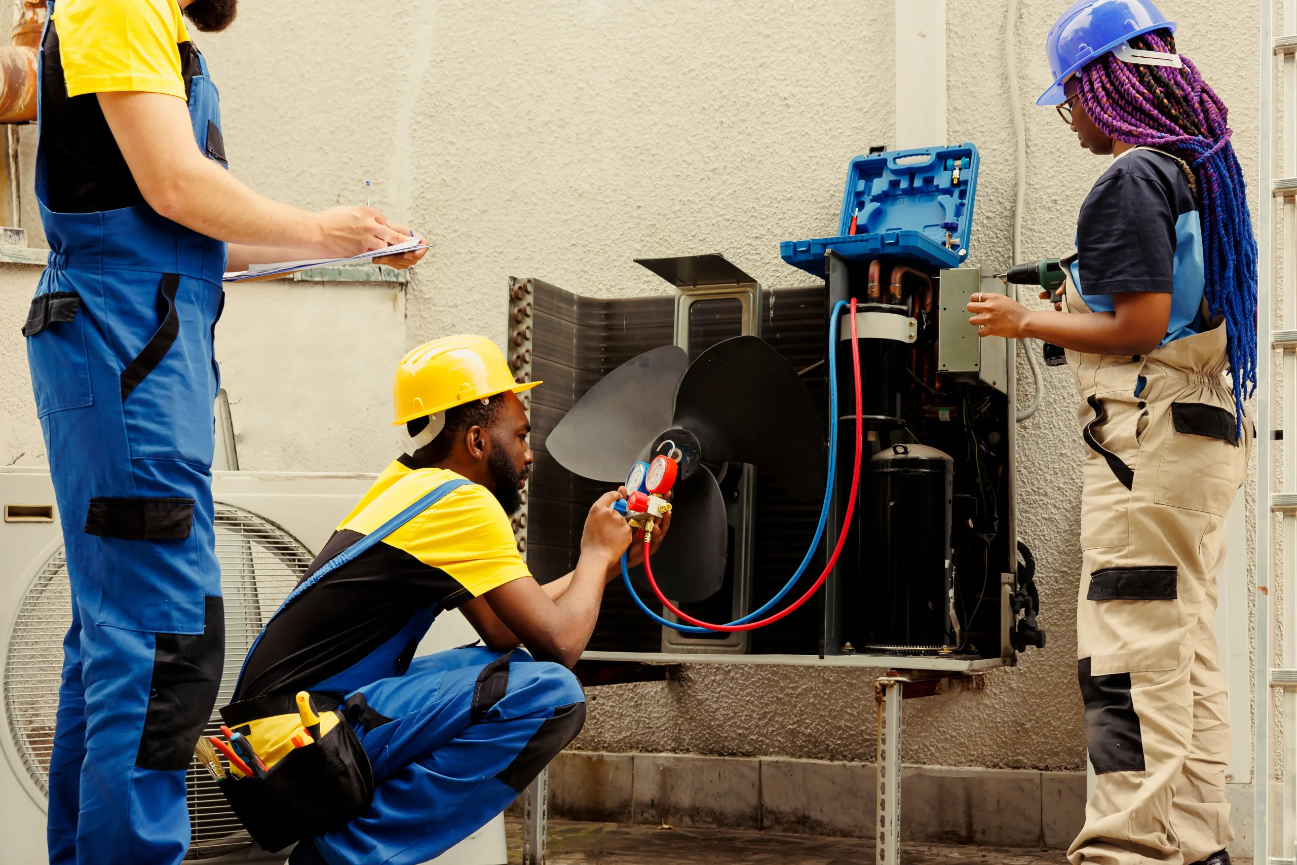 Three HVAC technicians in safety helmets and uniforms inspect and repair an outdoor AC unit in TX, using gauges and tools, while one takes notes on a clipboard&mdash;typical of professional ac replacement Bexar County services.